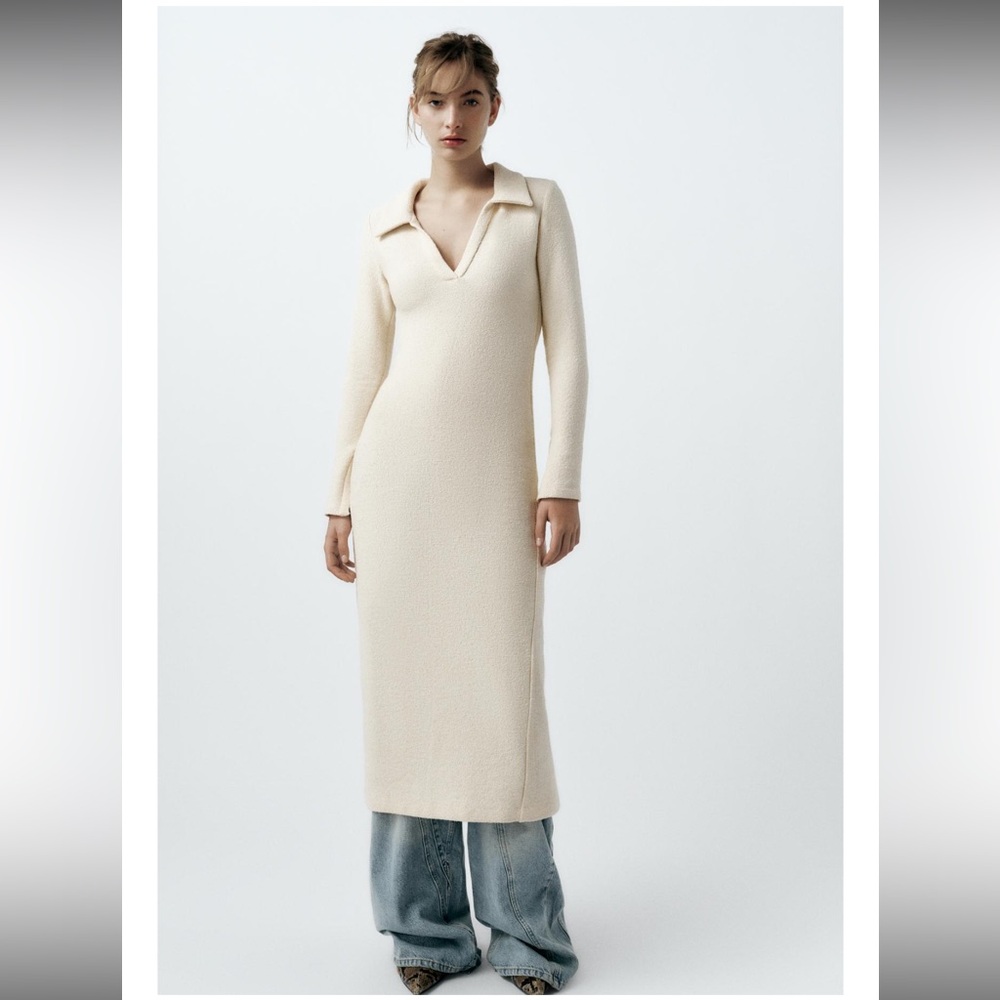 Zara‎ Cream Knit Collared Maxi Dress Textured size XS V Neck Back Cut Formal